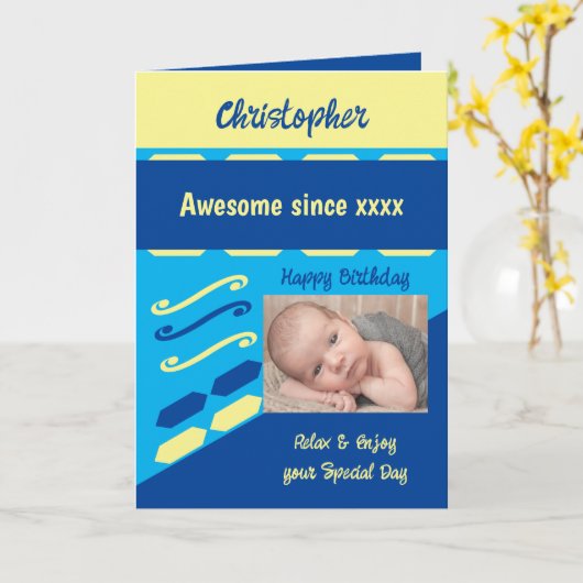 写真年名マイルストーンの誕生日の青を追加 カード (黄色い花)