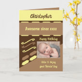 写真年名マイルストーンの誕生日ブラウンを追加 カード (黄色い花)