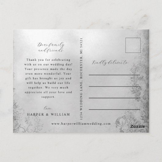 写真感謝していの飾りグレー結婚ハガキ ポストカード (裏面)