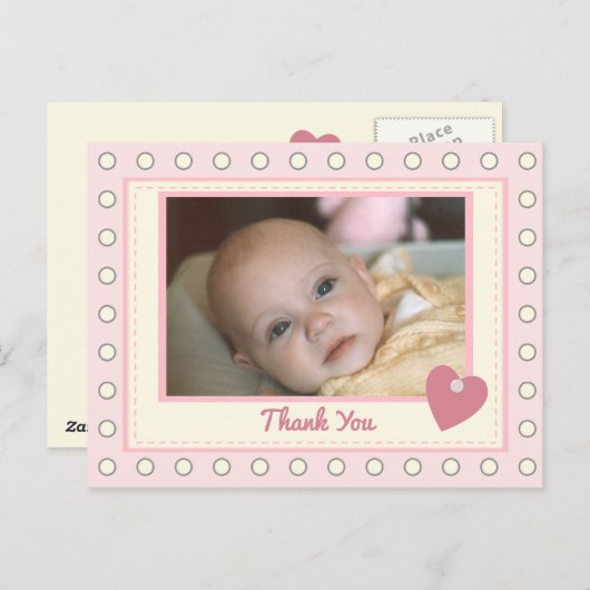 写真感謝してい付きベビープレゼント用ピンク ポストカード (正面/裏面)