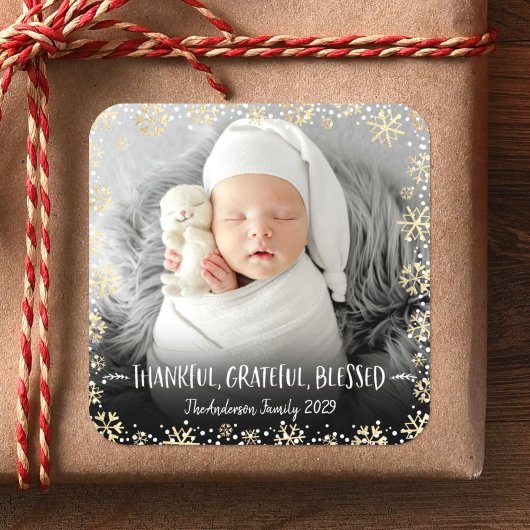 写真感謝の感謝の賛美金ゴールドスノーフレーク スクエアシール