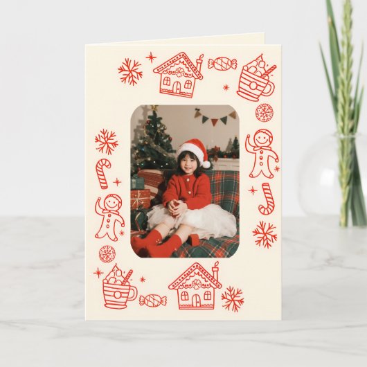 写真手よくはしゃぐ描き赤いクリスマお洒落ス シーズンカード (正面)