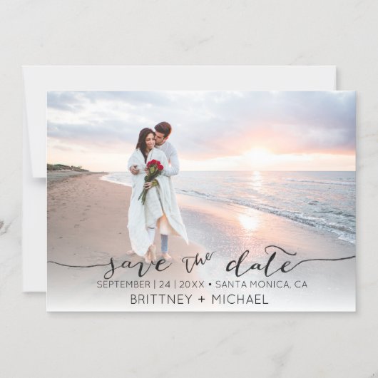 写真手書きモダン黒日付の保存 マグネット招待状 (正面)