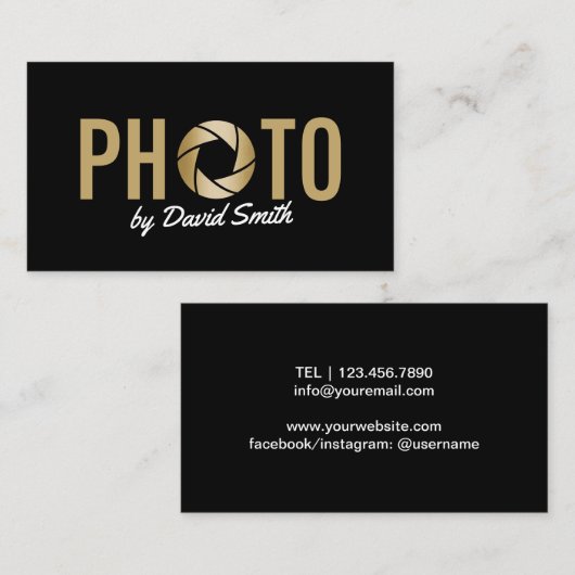 写真撮影のモダンな金ゴールドのカメラのロゴのカメラマン 名刺 (正面/裏面)