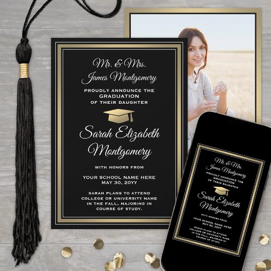 写真撮影：両親からブラック金ゴールド&ホワイト卒業 案内状