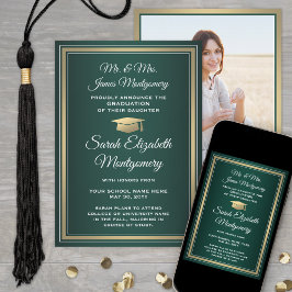 写真撮影:両親によるグリーン金ゴールドとホワイト卒業 案内状