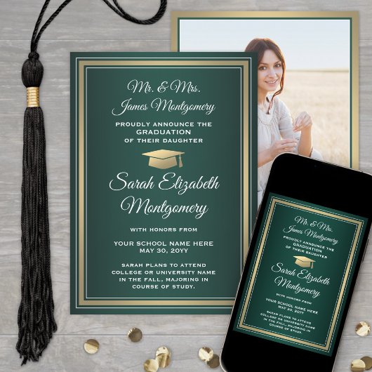 写真撮影：両親によるグリーン金ゴールドとホワイト卒業 案内状