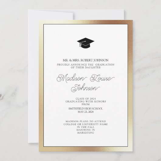 写真撮影:両親によるブラック&金ゴールド卒業 招待状 (正面)