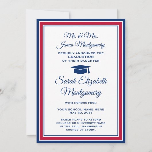 写真撮影：両親による紅白青の卒業 案内状 (正面)