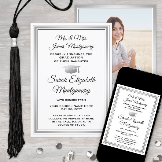 写真撮影：両親のモノクロ&グレー卒業 案内状