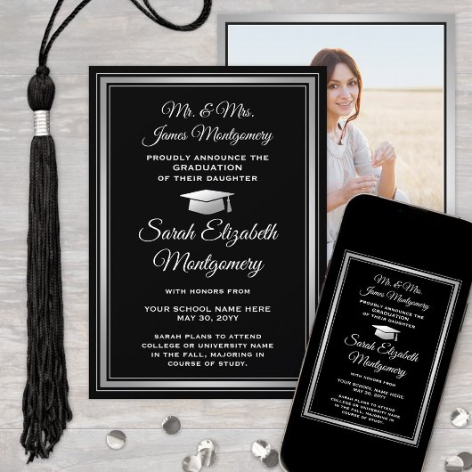 写真撮影：両親の白黒の卒業 案内状