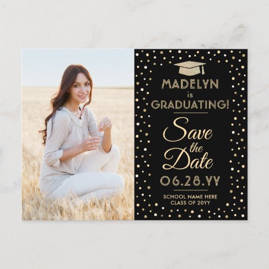 写真撮影 卒業おめでとう 保存日 黒と金 案内ポストカード (正面)