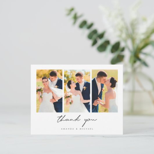 写真数々のコラージュありがとう結婚のはがき 案内ポストカード (スタンド正面)