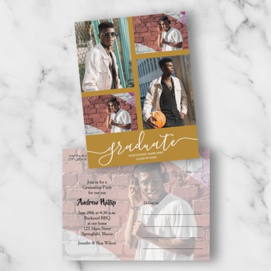 写真数々の金ゴールド卒業パーティー招待状 ポストカード