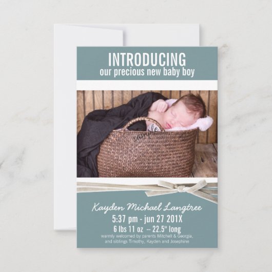 写真新生児少年の誕生のお知らせ 案内状 (正面)