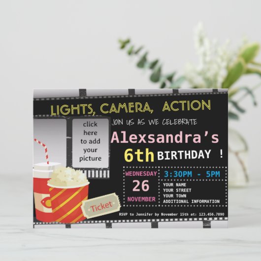 写真映画の誕生日パーティーの招待 招待状 (スタンド正面)