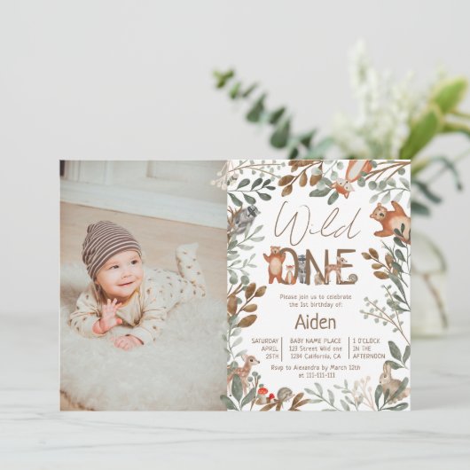 写真樹林動物ウッドランド1歳の誕生日 招待状 (スタンド正面)