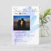 写真水の色モダン紫の青の日付を保存 招待状 (スタンド正面)