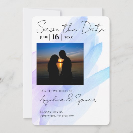 写真水の色モダン紫の青の日付を保存 招待状 (正面)
