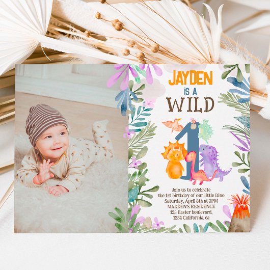写真水彩恐竜の緑のワイルドワン1st 招待状