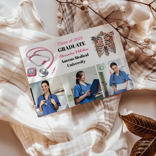 写真水彩桃色看護学校卒業 案内状