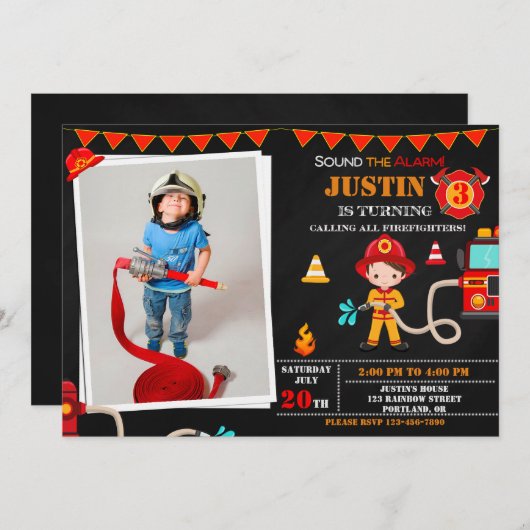 写真消防士の誕生日の招待ファイアートラック 招待状 (正面/裏面)