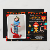 写真消防士の誕生日の招待ファイアートラック 招待状 (正面/裏面)