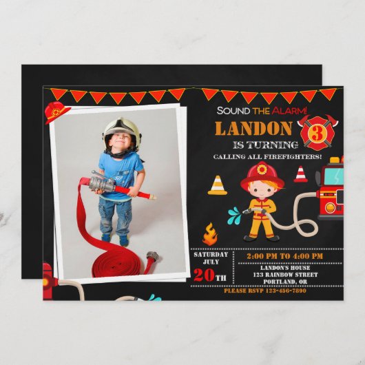 写真消防士の誕生日の招待ファイアートラック 招待状 (正面/裏面)