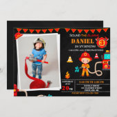 写真消防士の誕生日の招待ファイアートラック 招待状 (正面/裏面)