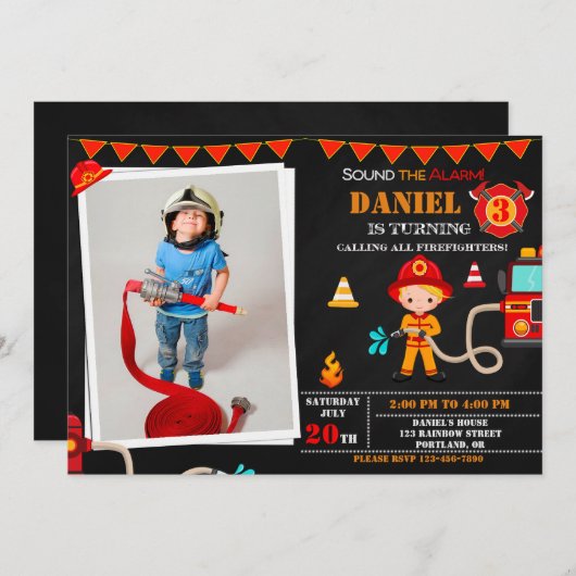 写真消防士の誕生日の招待ファイアートラック 招待状 (正面/裏面)