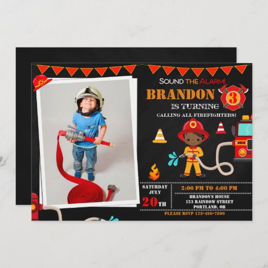 写真消防士の誕生日の招待ファイアートラック 招待状 (正面/裏面)