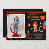 写真消防士の誕生日の招待ファイアートラック 招待状 (正面/裏面)