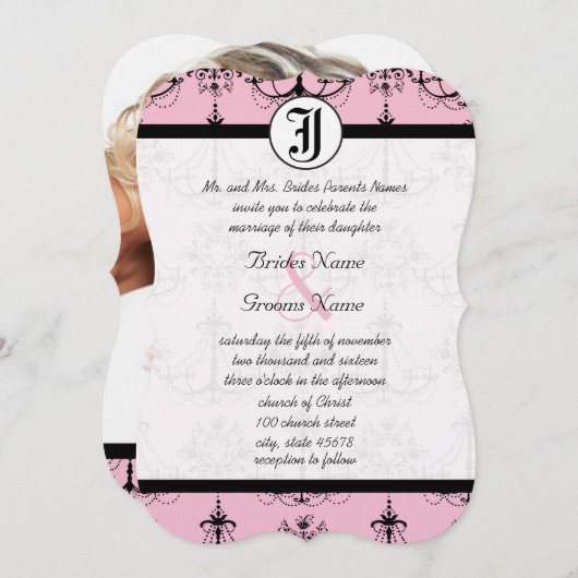 写真淡い色のの結婚式の招待状を持つピンクのシャンデリア 招待状 (正面/裏面)