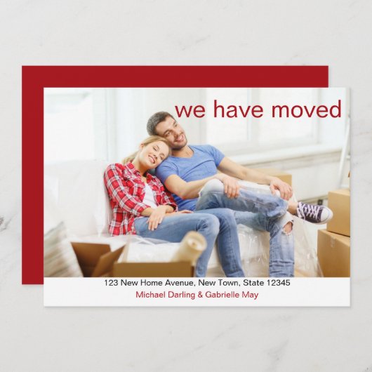 写真深い赤カスタムの新しいアドレスを移動 案内状 (正面/裏面)