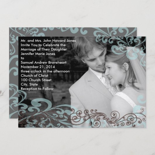 写真渦巻形の結婚式招待状ブルー&ブラウン 招待状 (正面/裏面)