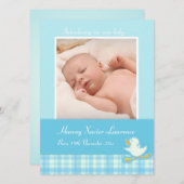 写真生まれたばかりのアナウンスカード – blue check 案内状 (正面/裏面)