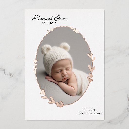 写真生まれたばかりのスクリプト楕円フォイル誕生のお知らせ 箔招待状 (正面)