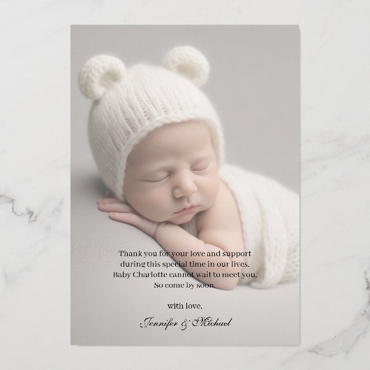 写真生まれたばかりのスクリプト楕円フォイル誕生のお知らせ 箔招待状 (裏面)