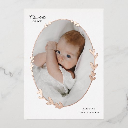 写真生まれたばかりのスクリプト楕円フォイル誕生のお知らせ 箔招待状 (正面)
