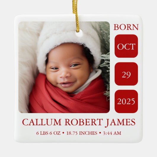 写真生まれたばかりのベビー誕生統計クリスマスオーナメント セラミックオーナメント (正面)