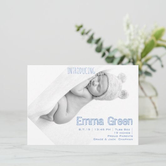 写真生まれたばかりの男の赤ちゃん生誕通知カード (スタンド正面)