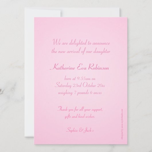 写真生まれたばかりの発表カード – ピンクチェック 案内状 (裏面)