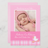 写真生まれたばかりの発表カード – ピンクチェック 案内状 (正面/裏面)