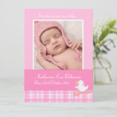 写真生まれたばかりの発表カード – ピンクチェック 案内状 (スタンド正面)