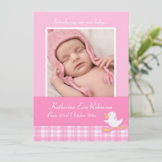 写真生まれたばかりの発表カード – ピンクチェック 案内状 (スタンド正面)