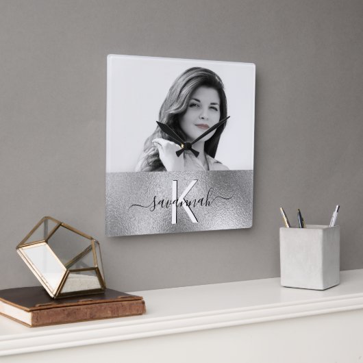 写真用モノカスタムグラム銀ネームスクリプモダント スクエア壁時計 (オフィス)