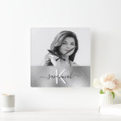 写真用モノカスタムグラム銀ネームスクリプモダント スクエア壁時計 (ホーム)