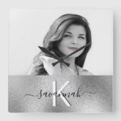 写真用モノカスタムグラム銀ネームスクリプモダント スクエア壁時計 (正面)