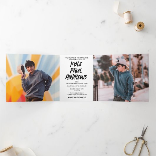 写真男らし三倍卒業招待状 三つ折りプログラム (内部)