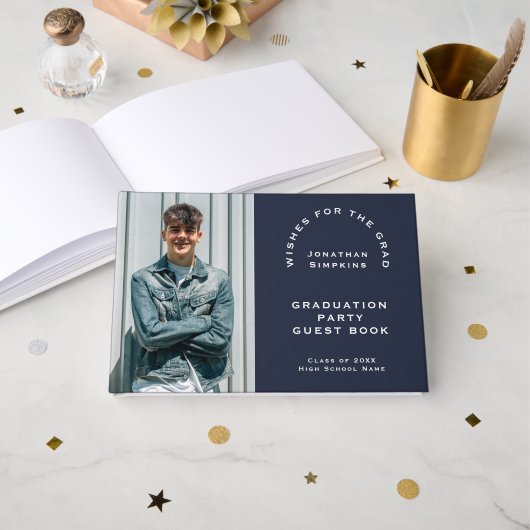 写真男性卒業式2025パーティーネイビーゲストブック ゲストブック (正面見開き)